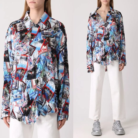 Balenciaga Button Up Shirt Long Sleeve Postcards Sz 34 Multicolor Cities Print - Picture 1 of 3